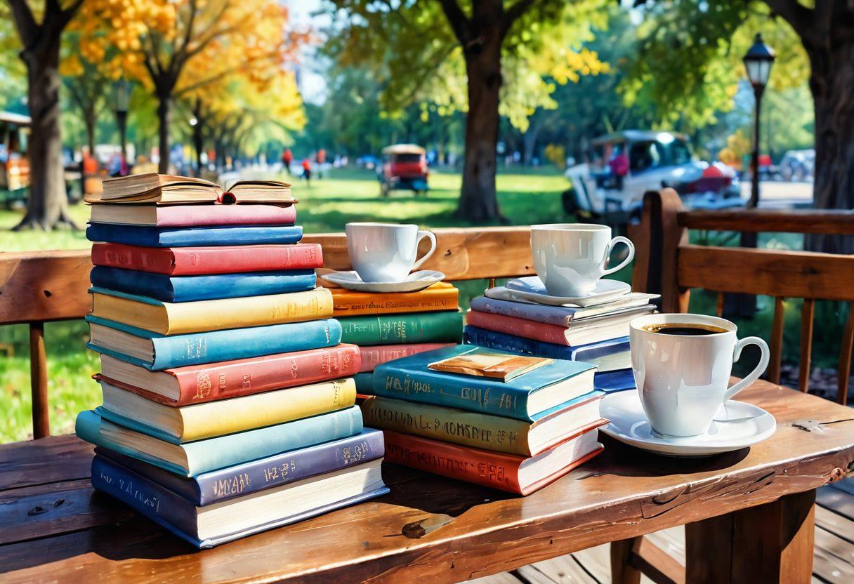 A cozy, inviting bookshelf overflowing with colorful secondhand books, accompanied by a steaming cup of coffee on a rustic table. Include diverse individuals joyfully exchanging books, with a backdrop of a bright sunny park symbolizing community. The warmth of the scene should evoke feelings of nostalgia and connection to literature. watercolor style. vibrant colors. 3D effect.