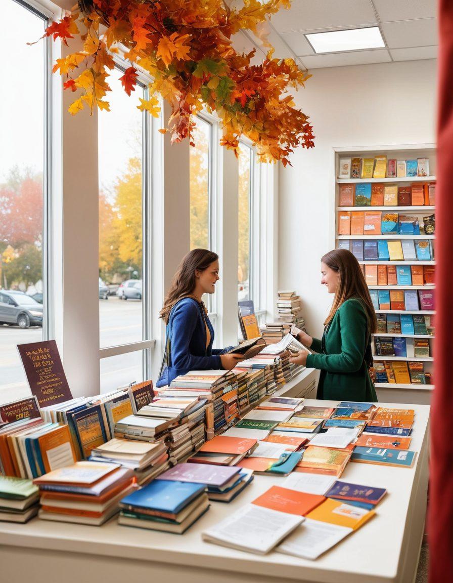 A busy college bookstore bustling with students engaging in a book buyback program, showcasing stacks of textbooks, happy students exchanging books for cash, a bulletin board displaying buyback details, vibrant fall colors outside the windows representing the changing seasons of learning. super-realistic. vibrant colors. white background.