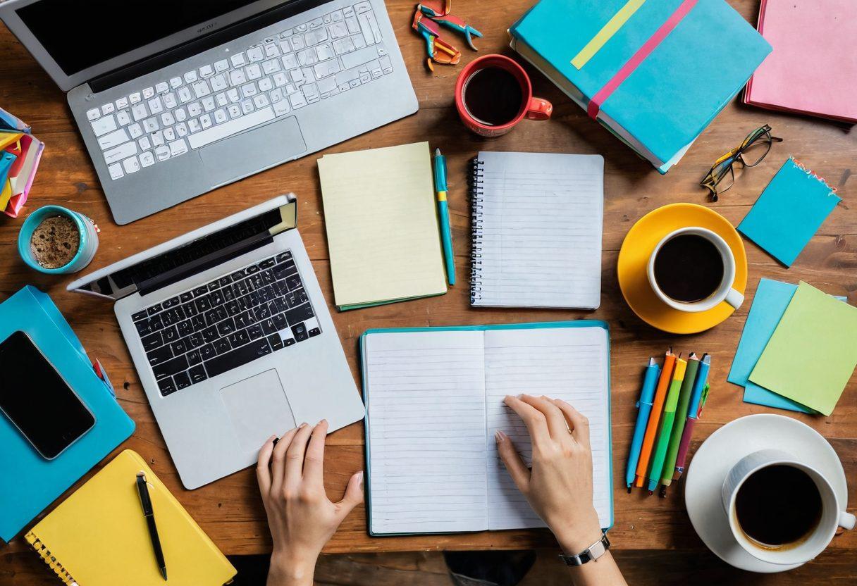 An overhead view of a cluttered desk featuring a stack of colorful textbooks, a laptop with a vibrant online marketplace open, and a notepad filled with price calculations and notes. Include a pair of hands actively typing and a cup of coffee to emphasize productivity. Bright, inviting colors to create an energetic feel of entrepreneurship. super-realistic. vibrant colors. flat lay.
